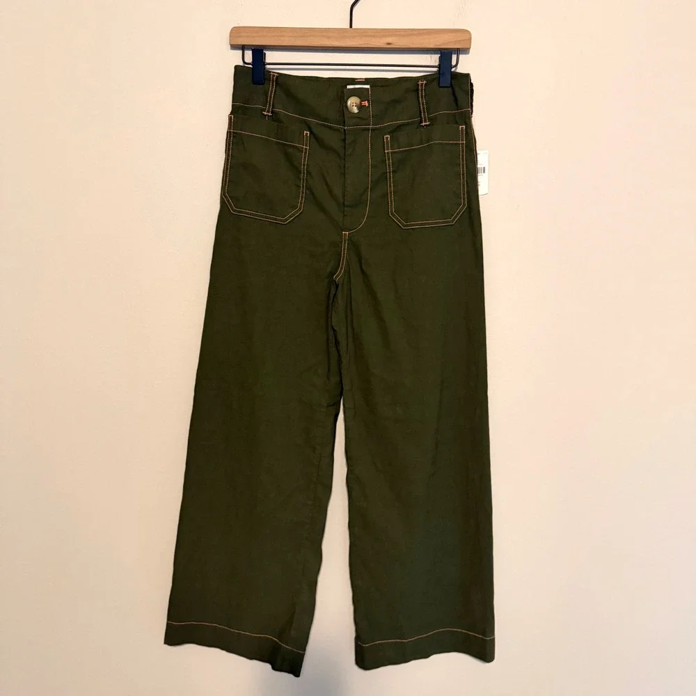 NWT Maeve Colette pants wide leg contrast stitching 26 green linen minimalist - Picture 3 of 8